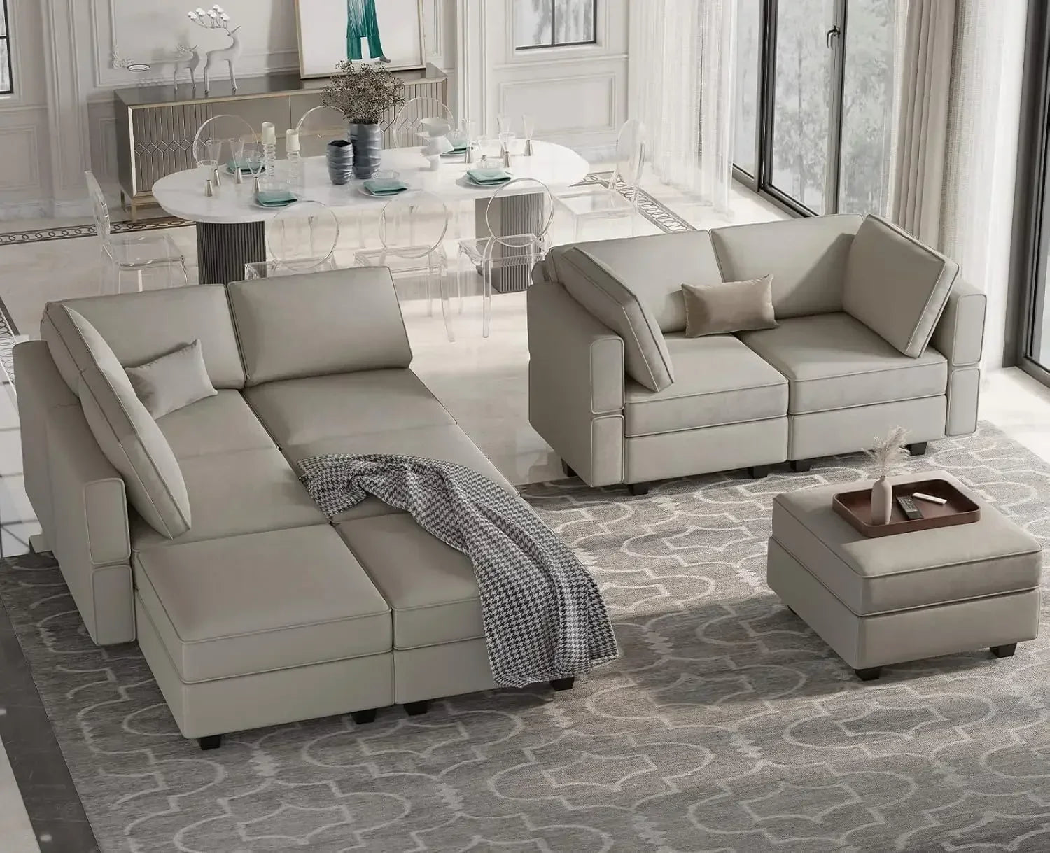 Reversible Velvet Modular Sectional Sleeper Sofa Bed with Ottomans, Storage and Chaise - Grey
