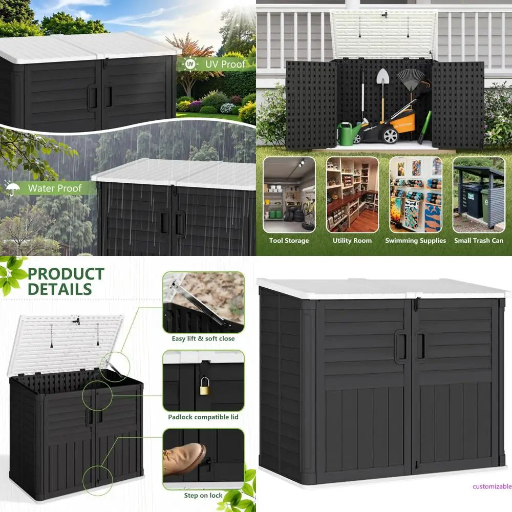 Outdoor Resin Shed, 34 Cubic Feet Horizontal Storage, Waterproof Box for Garden, Pool, and Waste Bin Storage