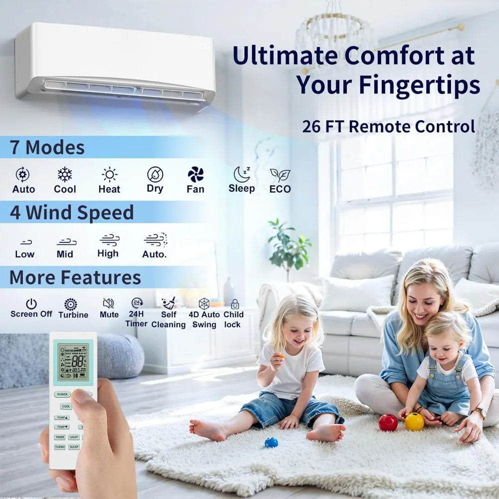 Mini Split AC/Heating System, Energy Efficient Inverter AC Unit with 1 Ton Heat Pump, 12000 BTU Air Conditioner