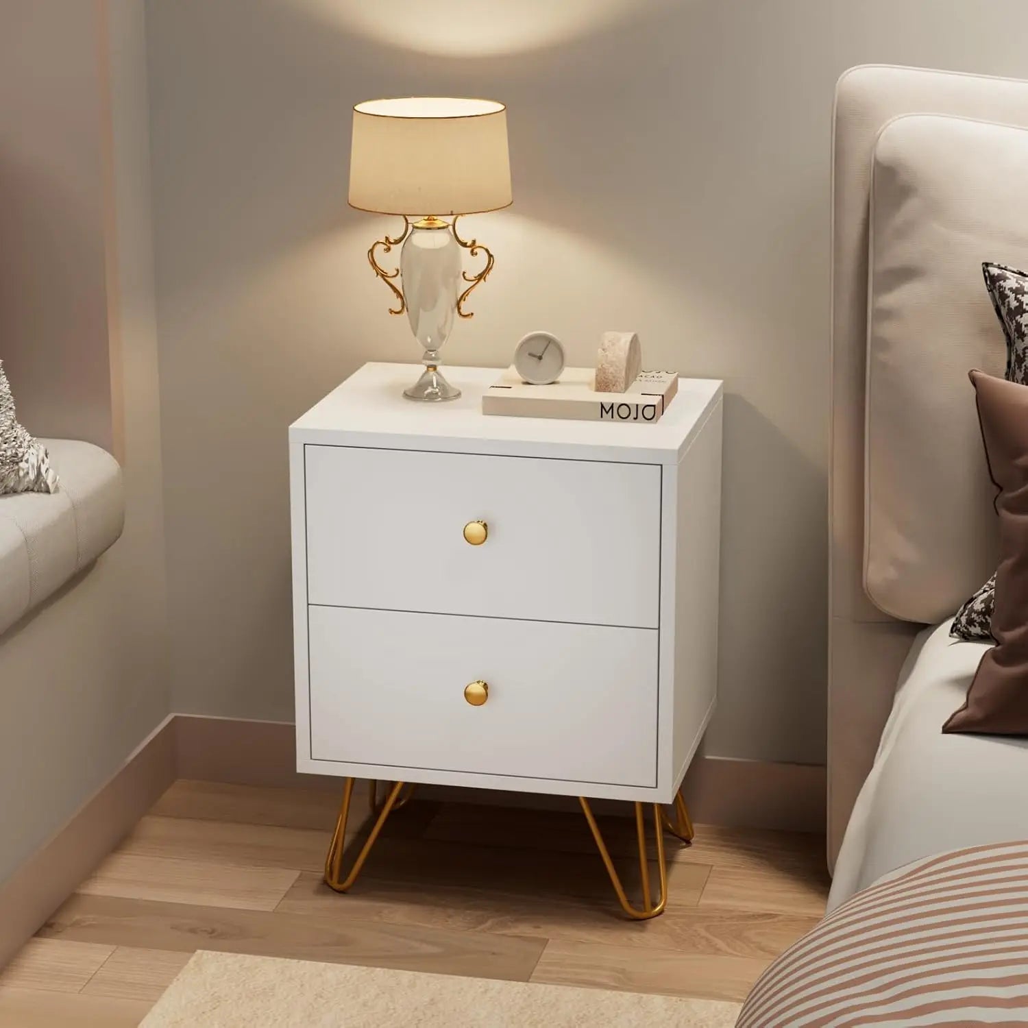 Nightstand Set of 2,, Bedside Table with 2 Drawers, Dual Night Stand Metal Legs and Knobs