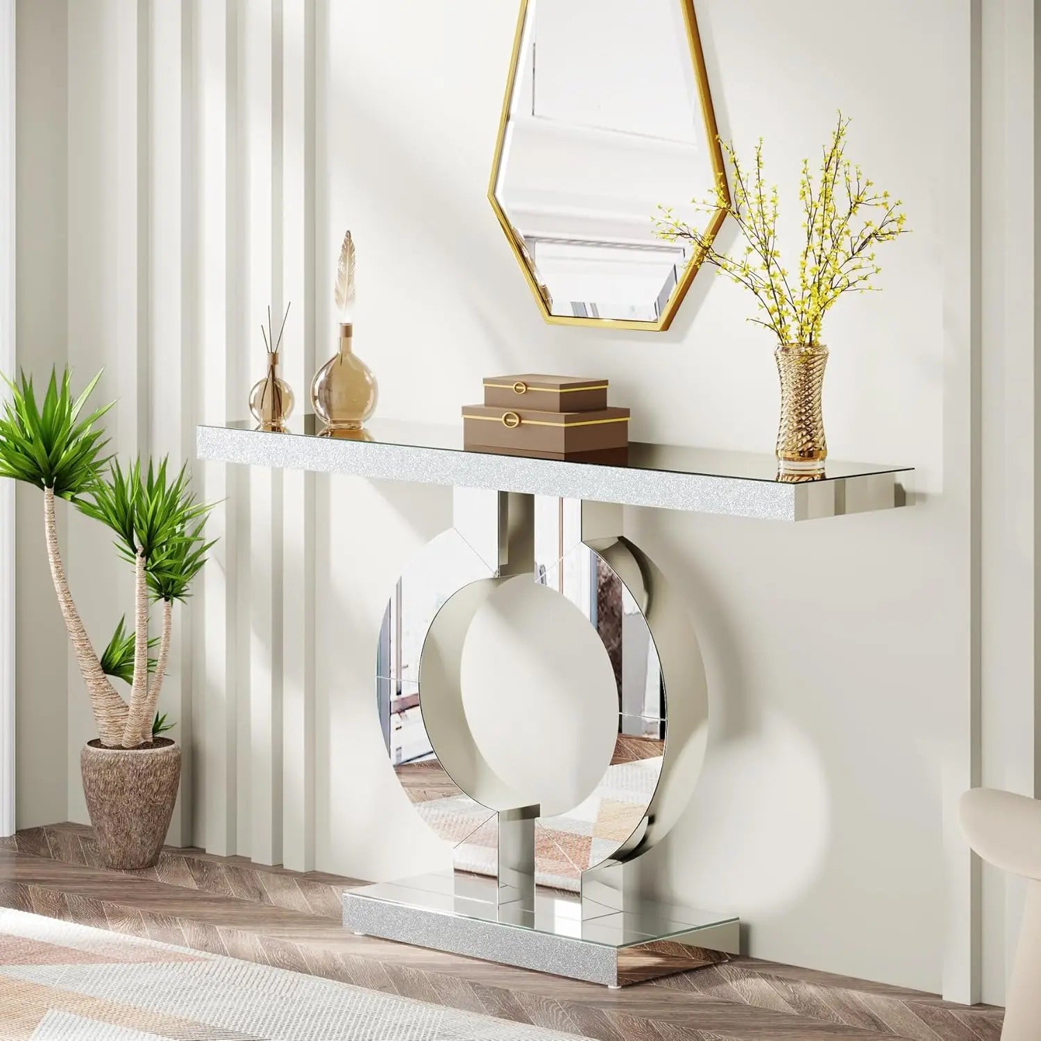 43.3-Inch (110cm) Mirrored Console, Entryway Table with Thickened Mirror Finish Tabletop