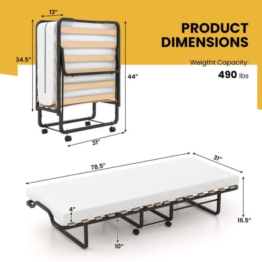 Folding Bed with Mattress for Adults, Cot Size Rollaway Bed for Guest, Portable Foldable Bed w/Memory Foam Mattress & Metal Fra