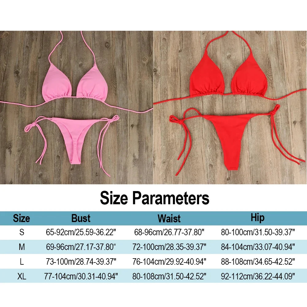 2 Pcs/Set Bikini Set Sexy Bikinis Bathing Suit/ Solid Color/ Halter Neck Strap/ Thong Women Swimsuit Set for Beach Swimwear