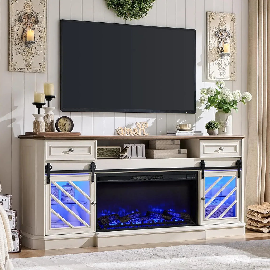 75” Fireplace TV Stand for 85" TV, Farmhouse Highboy Entertainment Center with 36” Electric Fireplace