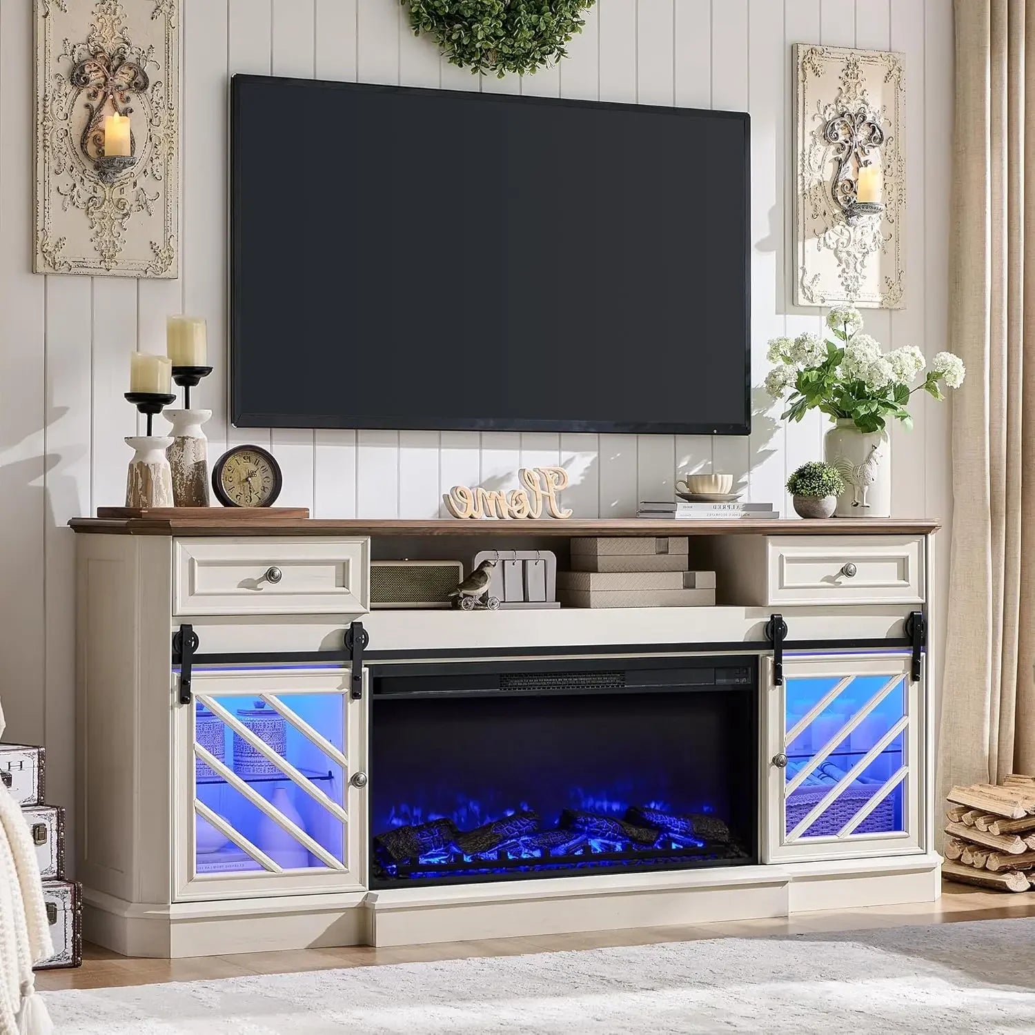 75” Fireplace TV Stand for 85" TV, Farmhouse Highboy Entertainment Center with 36” Electric Fireplace