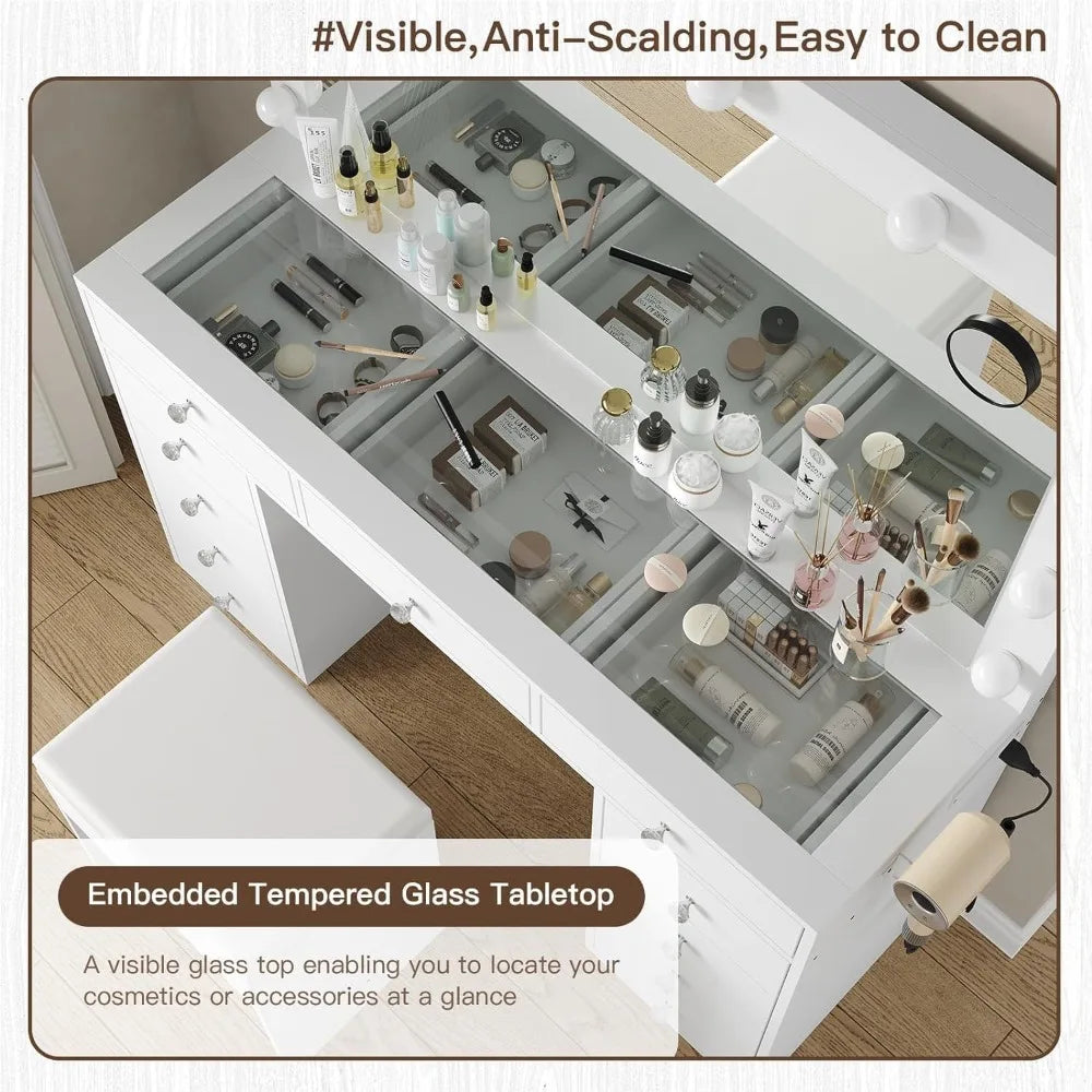 Vanity Desk with Power Outlet, Makeup Vanity with Mirror and 12 LED Lights, 3 Lighting Modes, 11 Drawers Vanity Table with Chair