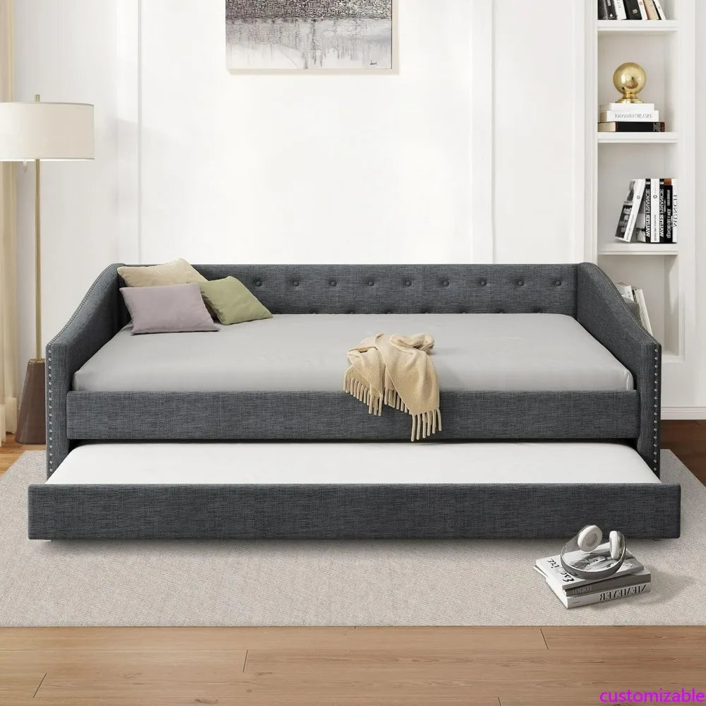 Full-Size Tufted Daybed with Waved Arm Piping and Trundle for Bedroom and Guest Spaces