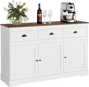 White Buffet Farmhouse Cabinet Storage Sideboard, Bar Wine Cabinet with 3 Drawers & 3 Doors Adjustable Shelves