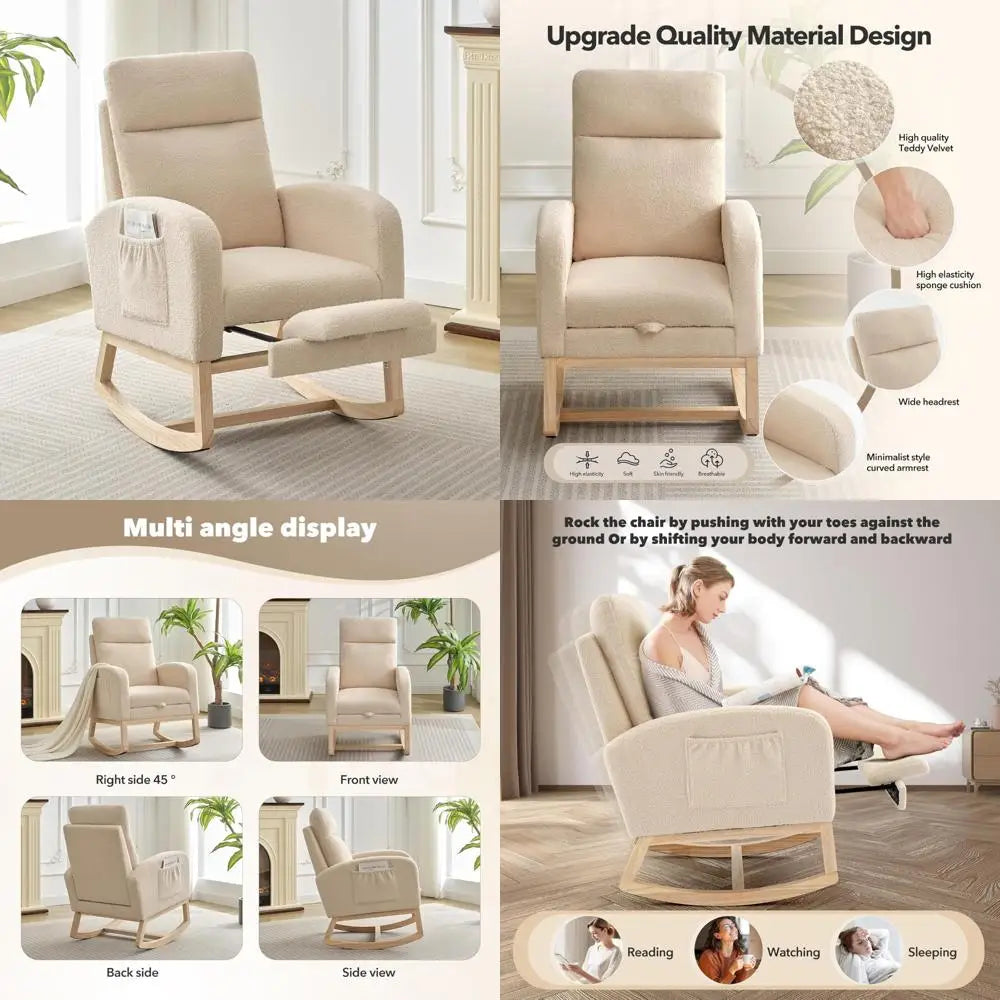 Modern Upholstered Glider Rocking Chair with Side Pocket, High Backrest and Padded Seat for Nursery and Living Room