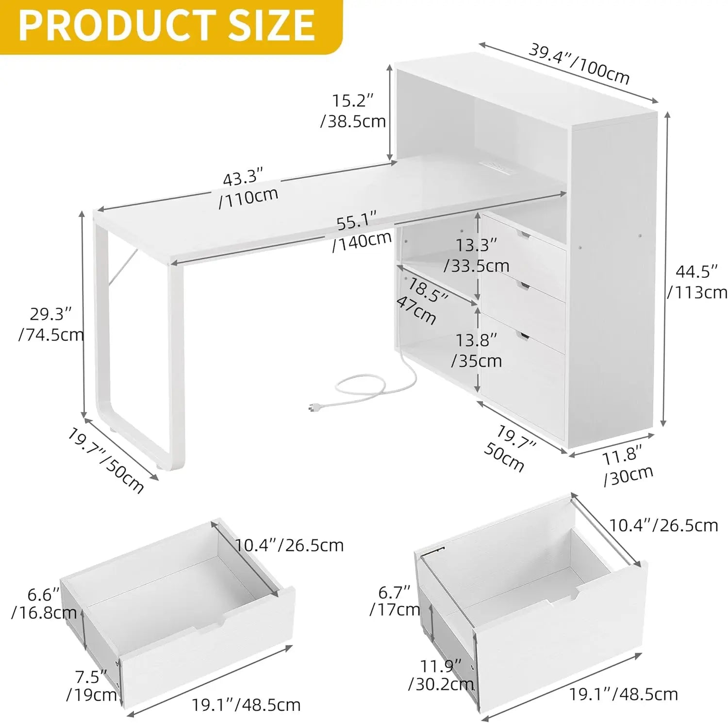 L Shaped Desk with Drawers, 55" Corner Computer Desk with Bookshelf & Power Outlets & LED Lights, Home Office