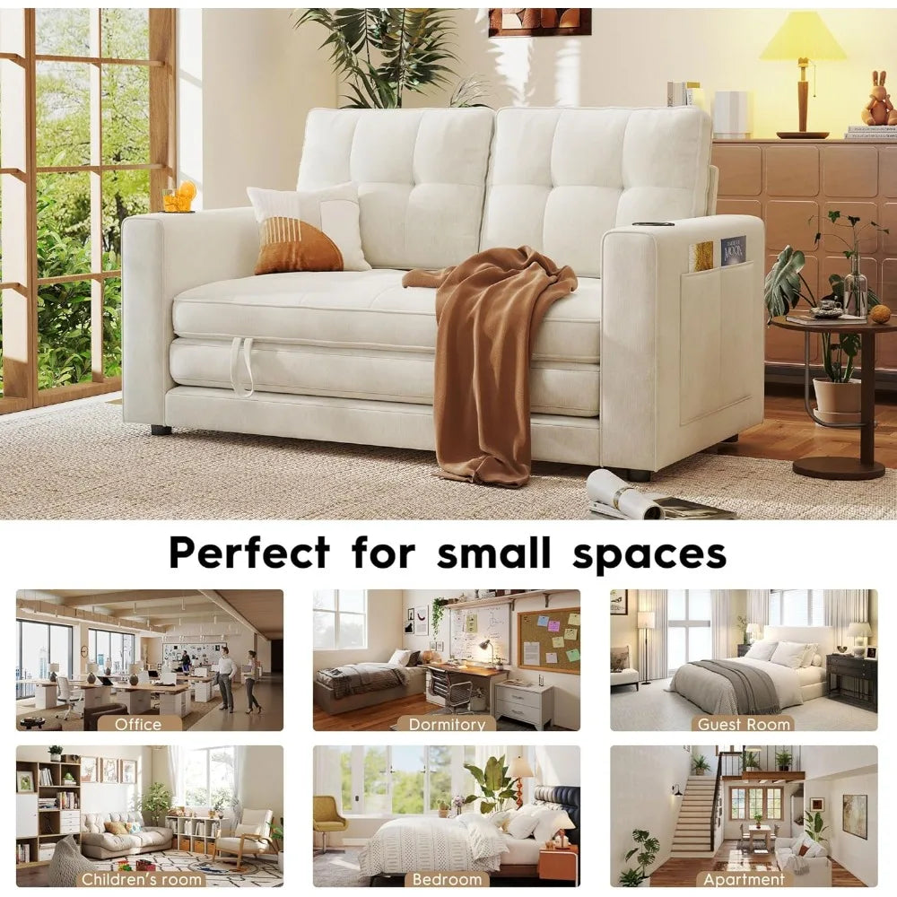 55" Convertible Sofa Bed Pull out Couch Love Seat Sleeper Bed Small Fold out Sofa with Cup Holder Home Living Room Furniture