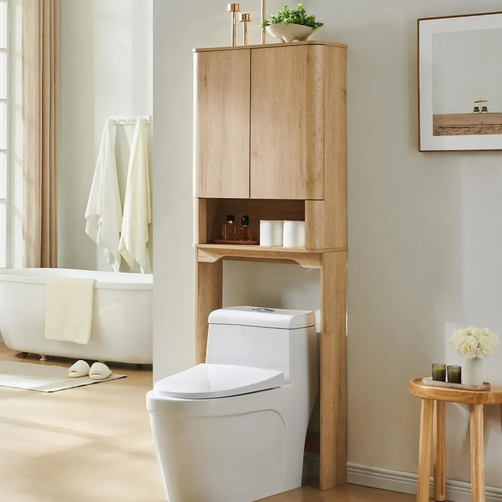 67 Tall Wooden Bathroom Storage Cabinet with Adjustable Shelves and Handle-Free Double Doors