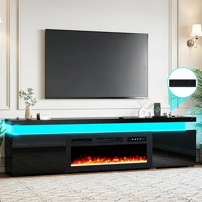 85’’ Fireplace TV Stand for 90 Inch TVs, With LED Lights, High Gloss