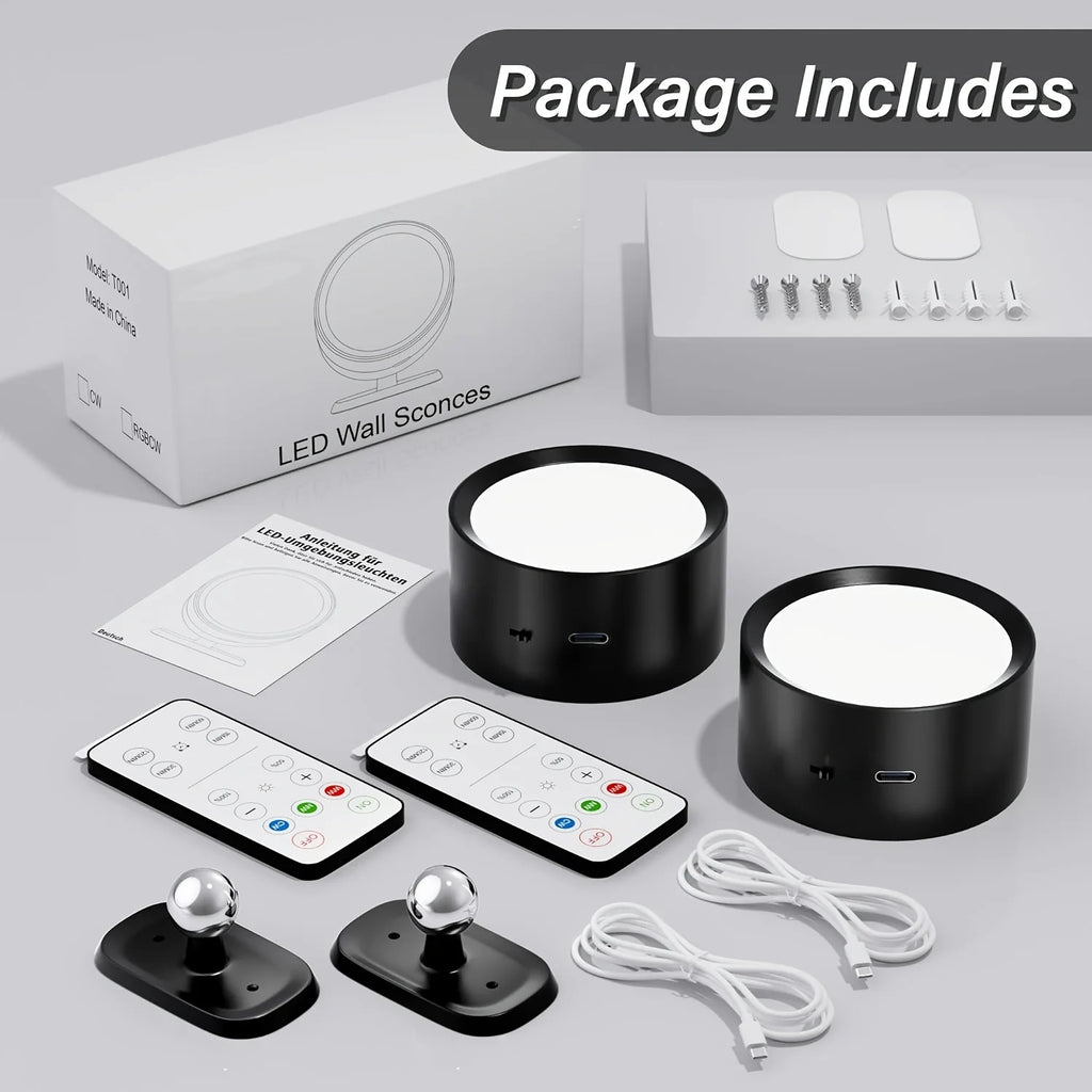 2PCS Magnetic LED Wall Sconce Light/ USB Rechargeable /Dimmable 3 Color Temperatures/ Warm/ Cool /Daylight Remote & Touch Dual Control 360° Rotation Wall Mount Lamp for Bedroom/ Study/ Reading/ Living Room/ Hallway/ Closet/