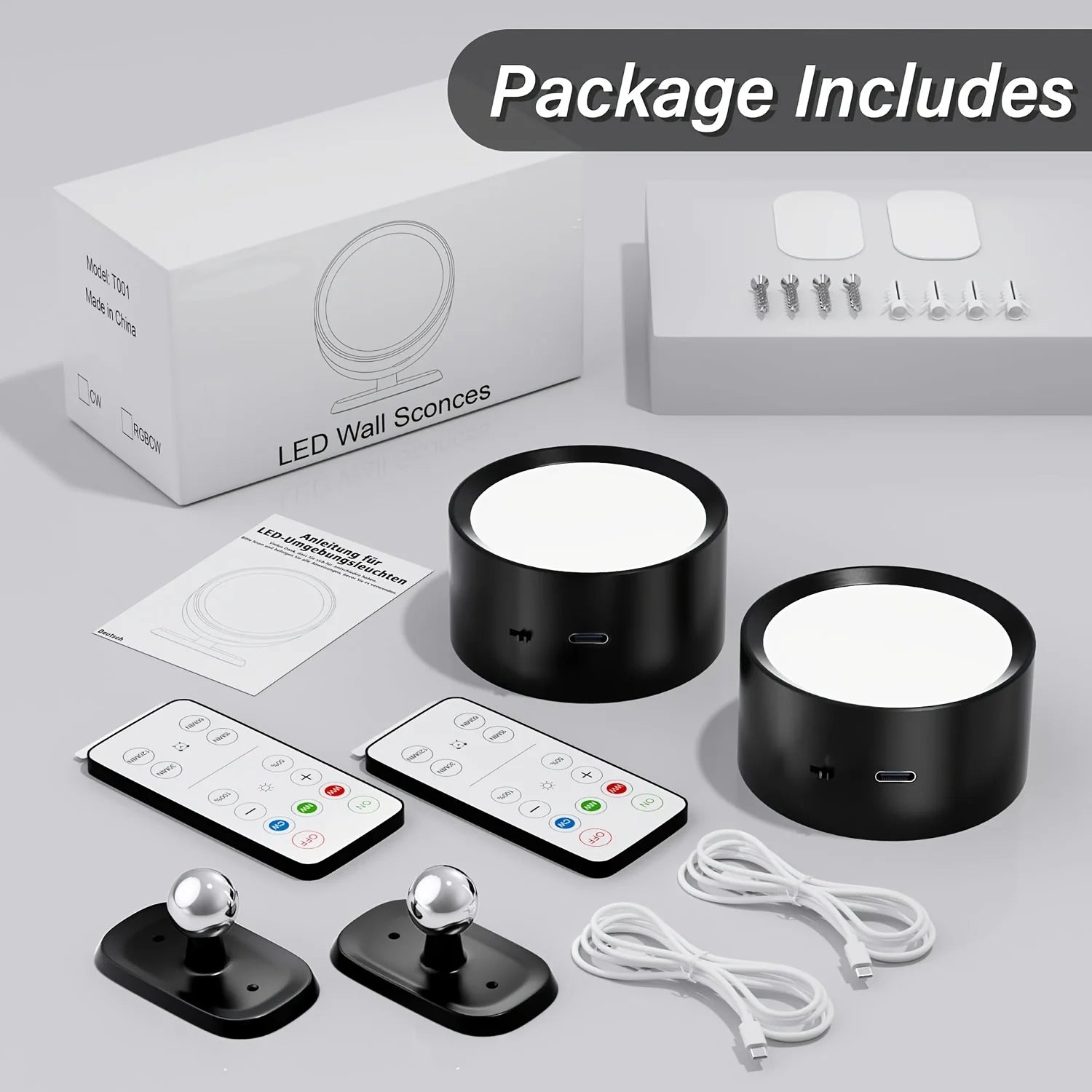 2PCS Magnetic LED Wall Sconce Light/ USB Rechargeable /Dimmable 3 Color Temperatures/ Warm/ Cool /Daylight Remote & Touch Dual Control 360° Rotation Wall Mount Lamp for Bedroom/ Study/ Reading/ Living Room/ Hallway/ Closet/