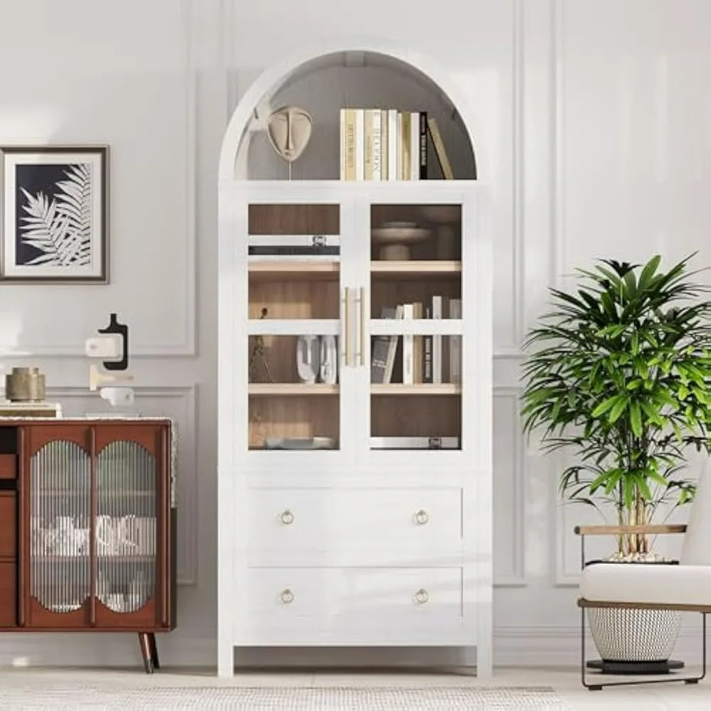 71" Tall Arched Farmhouse Style Cabinet with Glass Doors and Two Large Drawers - Adjustable Shelves for Modern Kitchen