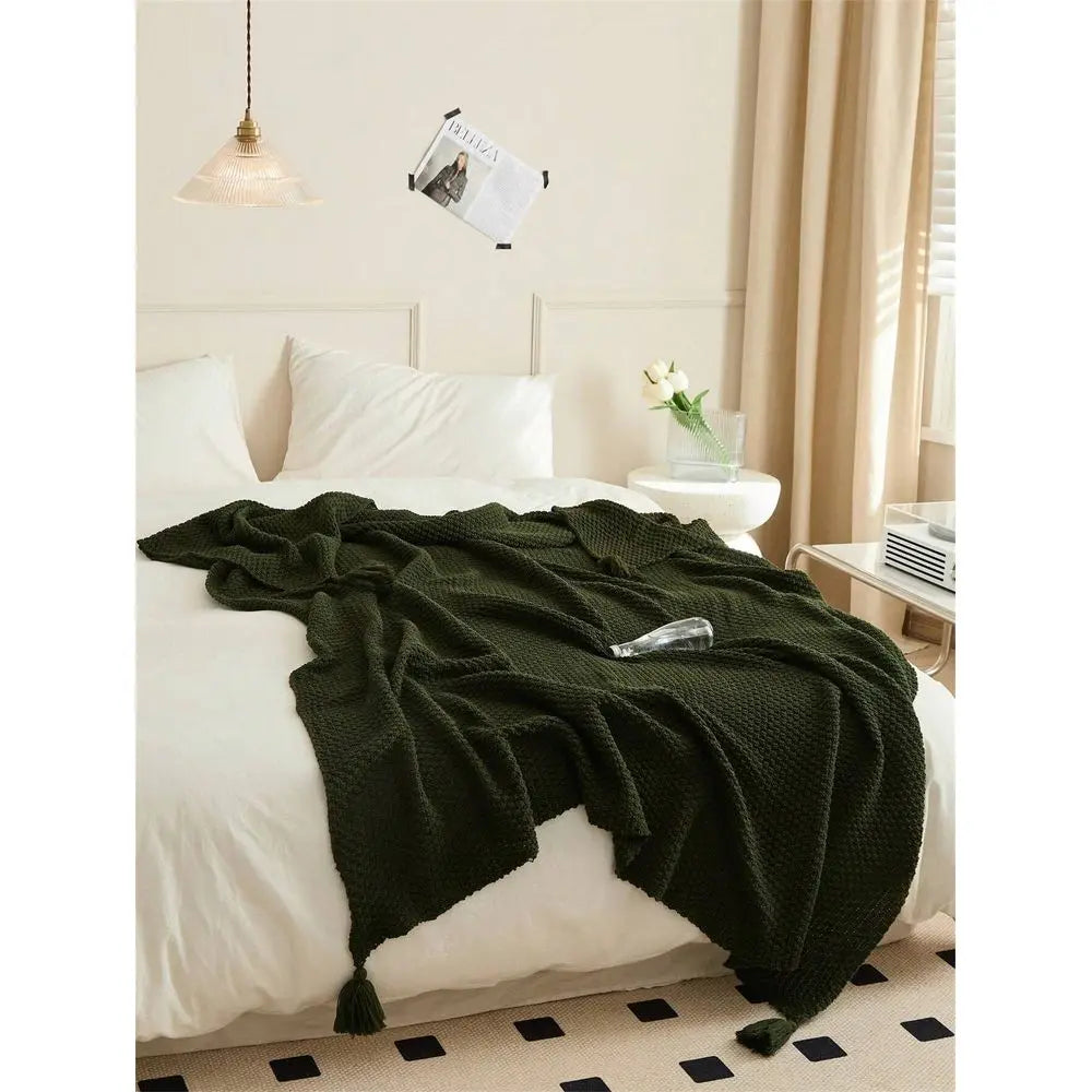 Solid Color Lightweight Acrylic Knit Tasseled Throw Blanket