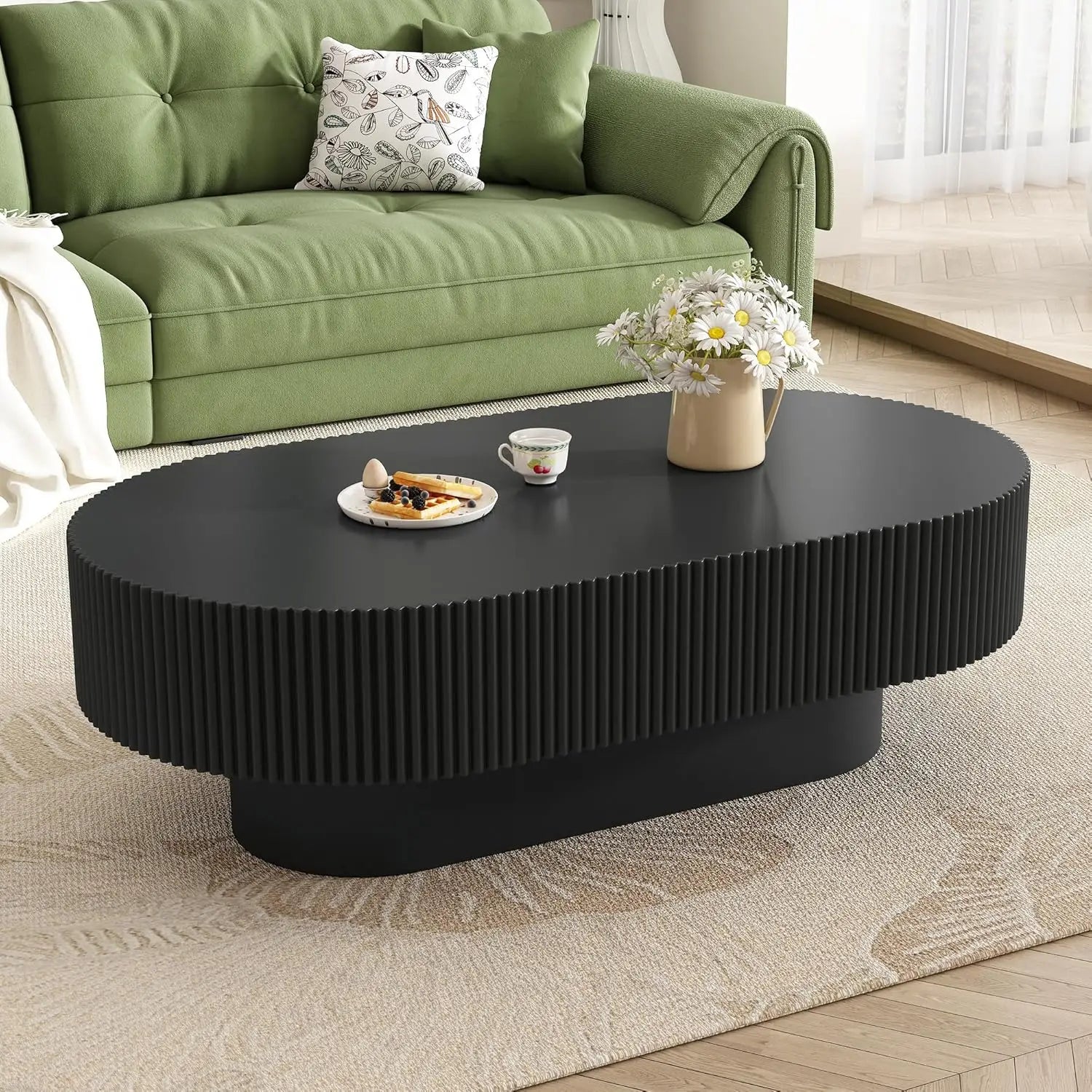31.5 Inch Round Drum Coffee Table, Modern Handcraft Fluted Drum Coffee Table, Wooden Round Coffee Table Center Table/ Cocktail Table