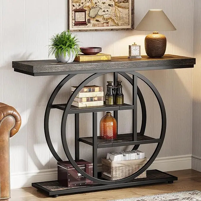 41.3" Console Table, Industrial Style Four Tier Sofa Table Entry Table with Round Base with Storage Shelf
