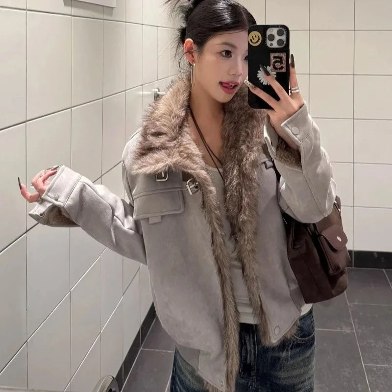 Winter Solid Color Motorcycle Suit, Slim Plus Velvet Short Coat, Female Fur Collar, Splicing Stand Collar, Casual Joker Jacket