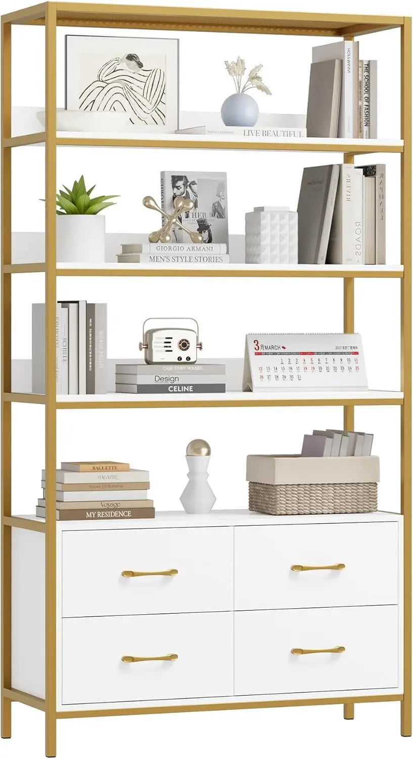 5-Tier Bookshelf with Drawers, 71" Tall Book Shelf with Storage, 35.4" Wide Industrial Etagere Bookcase, Modern Display Storage