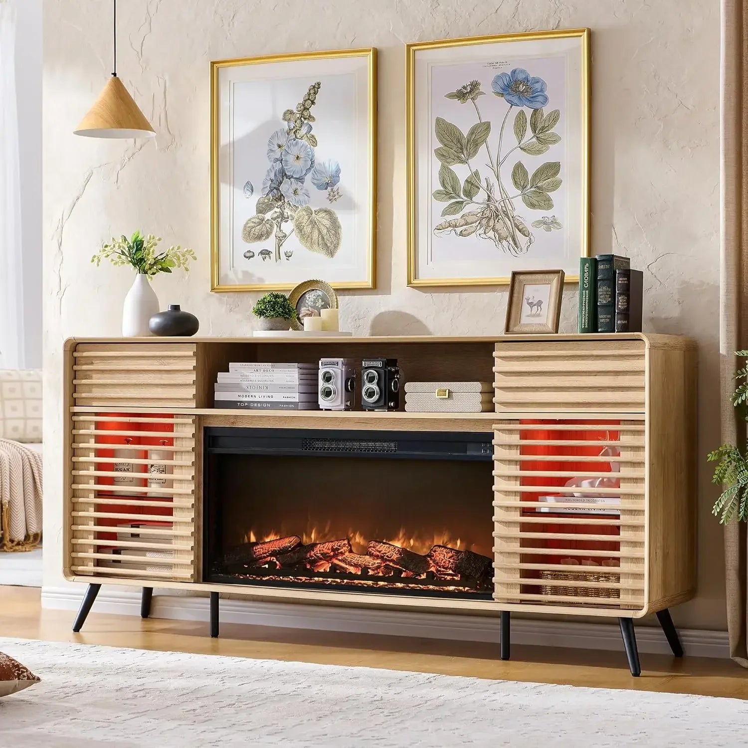 Fireplace TV Stand for 80" TV, Mid Century Modern Entertainment Center with 36" Electric Fireplace & Led Lights, Wood Media