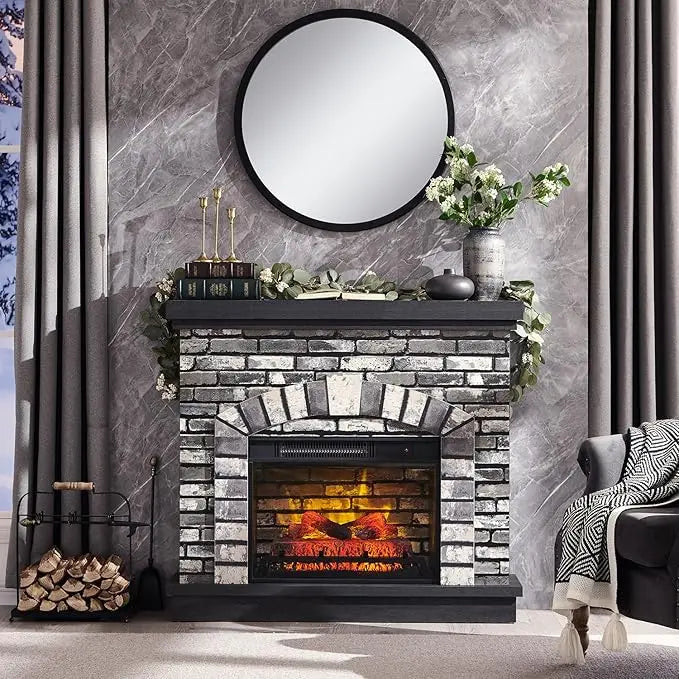 42" Electric Fireplace with Mantel, Farmhouse Fireplace TV Stand w/23'' Freestanding Electric Fireplace Heater, Remote Control,