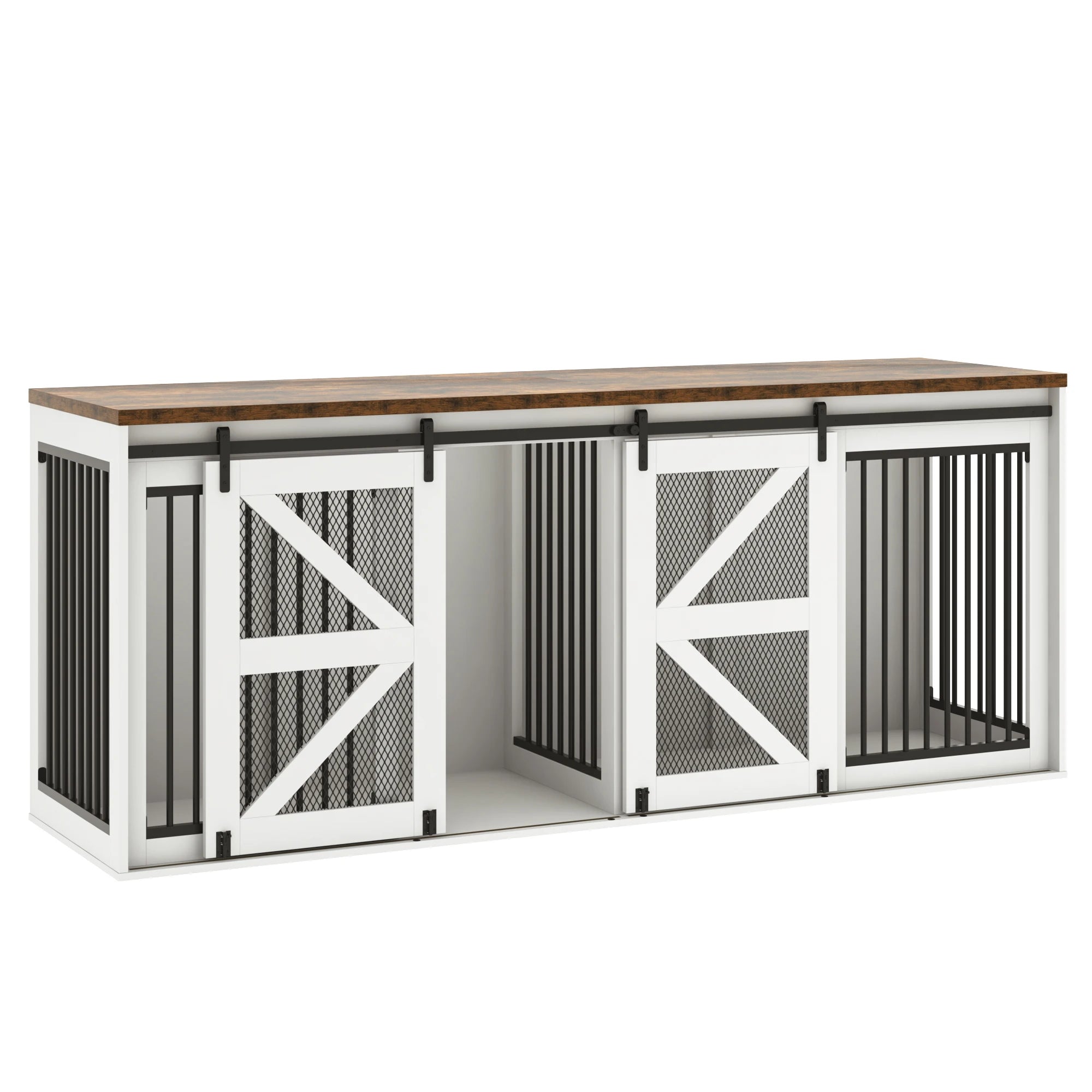 Farmhouse Dog Crate TV Stand, Wooden Dog Kennel Furniture with Sliding Metal Mesh Barn Door, 87'' Large Dog Crate Furniture