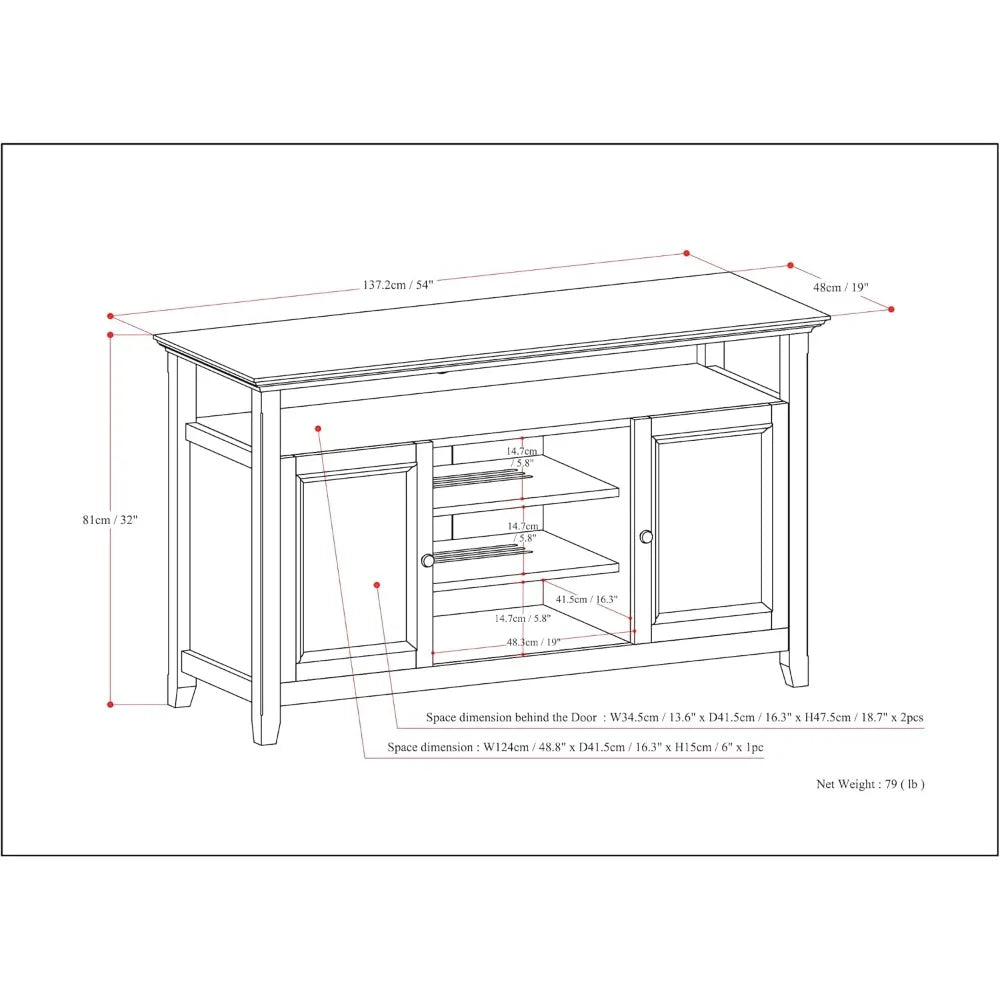 Solid Wood Universal TV Media Stand, 54 Inch Wide, Transitional, Living Room Entertainment Center, Storage Cabinet