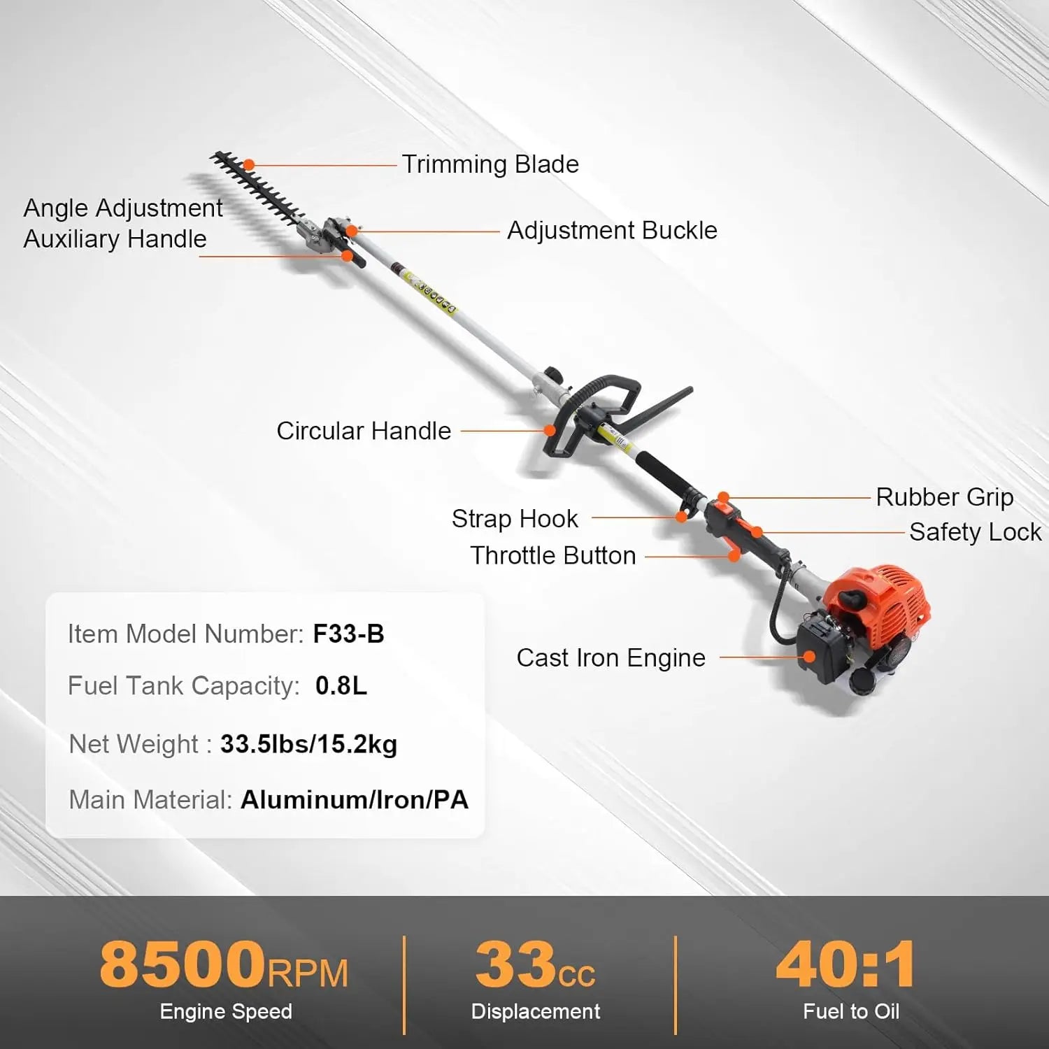 33CC 5-in-1 Multi-Functional Trimming Tools, Gas Hedge Trimmer, Weed Eater, String Trimmer, Brush Cutter, Edger