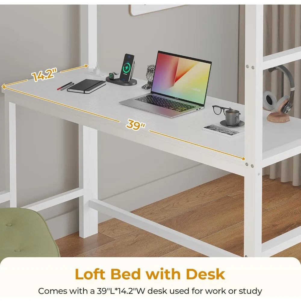 Twin Size Loft Bed with Integrated Desk, Eight Storage Drawers, Metal with Twin Mattress, LED Lights, and Charging Station