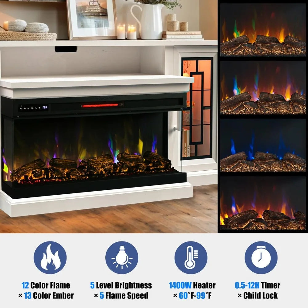 Modern 75" Electric Fireplace TV Stand 3-Sided Glass LED Media Entertainment Center Console Table for TVs up to 80/85"