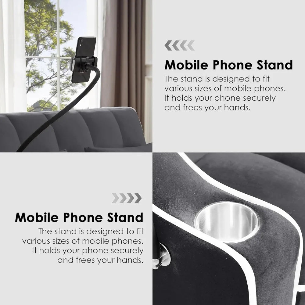 Convertible Sofa Bed, Sleeper Sofa with Side Pocket, Adjustable Backrest, Living Room Sofa with Phone Holder, Pull Out Couch