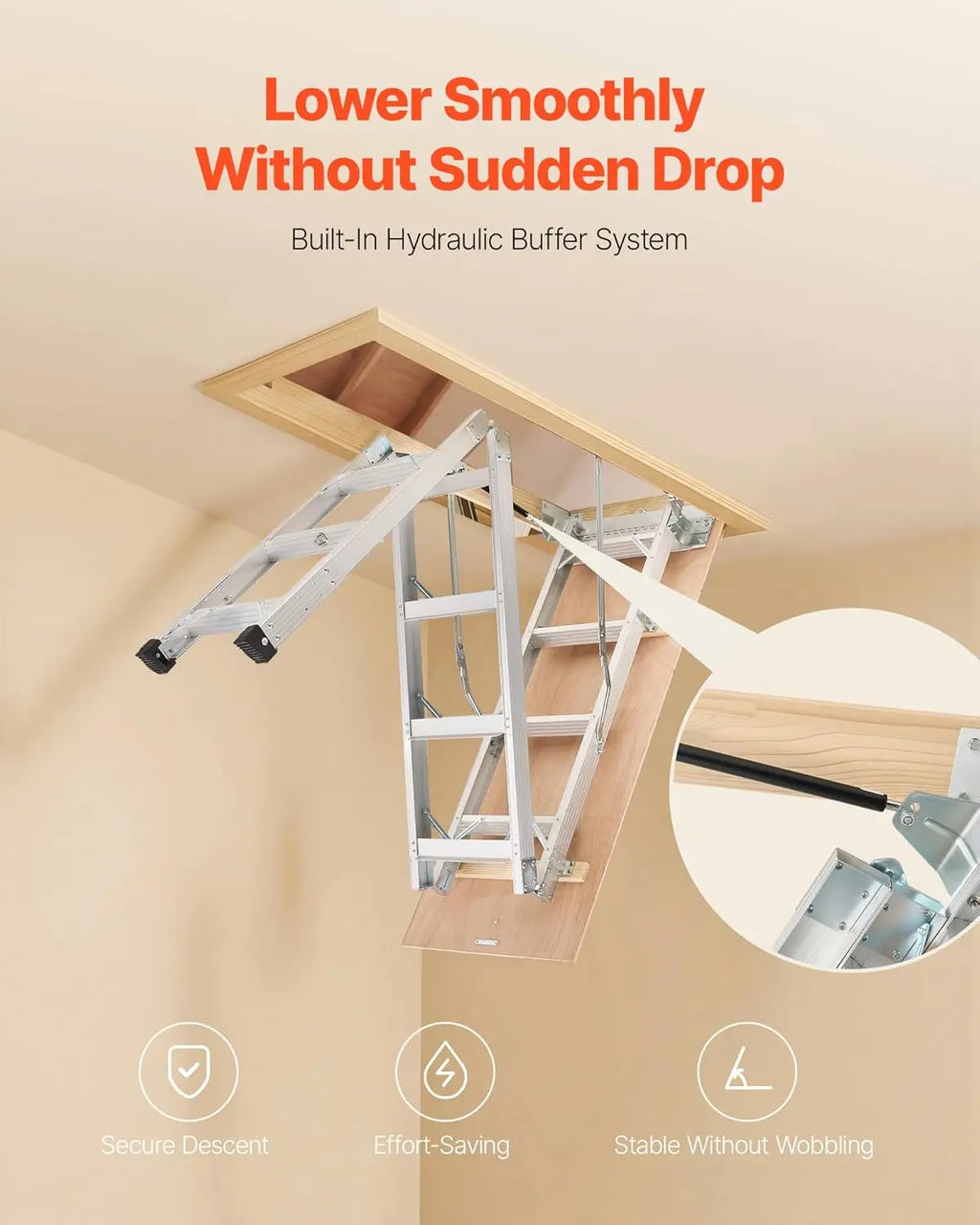 Adjustable Height Multi-Purpose Foldable Aluminum Attic Ladder with 375LBS/170KG Capacity, 9.8 to 10.3 ft/3 to 3.13 m Range