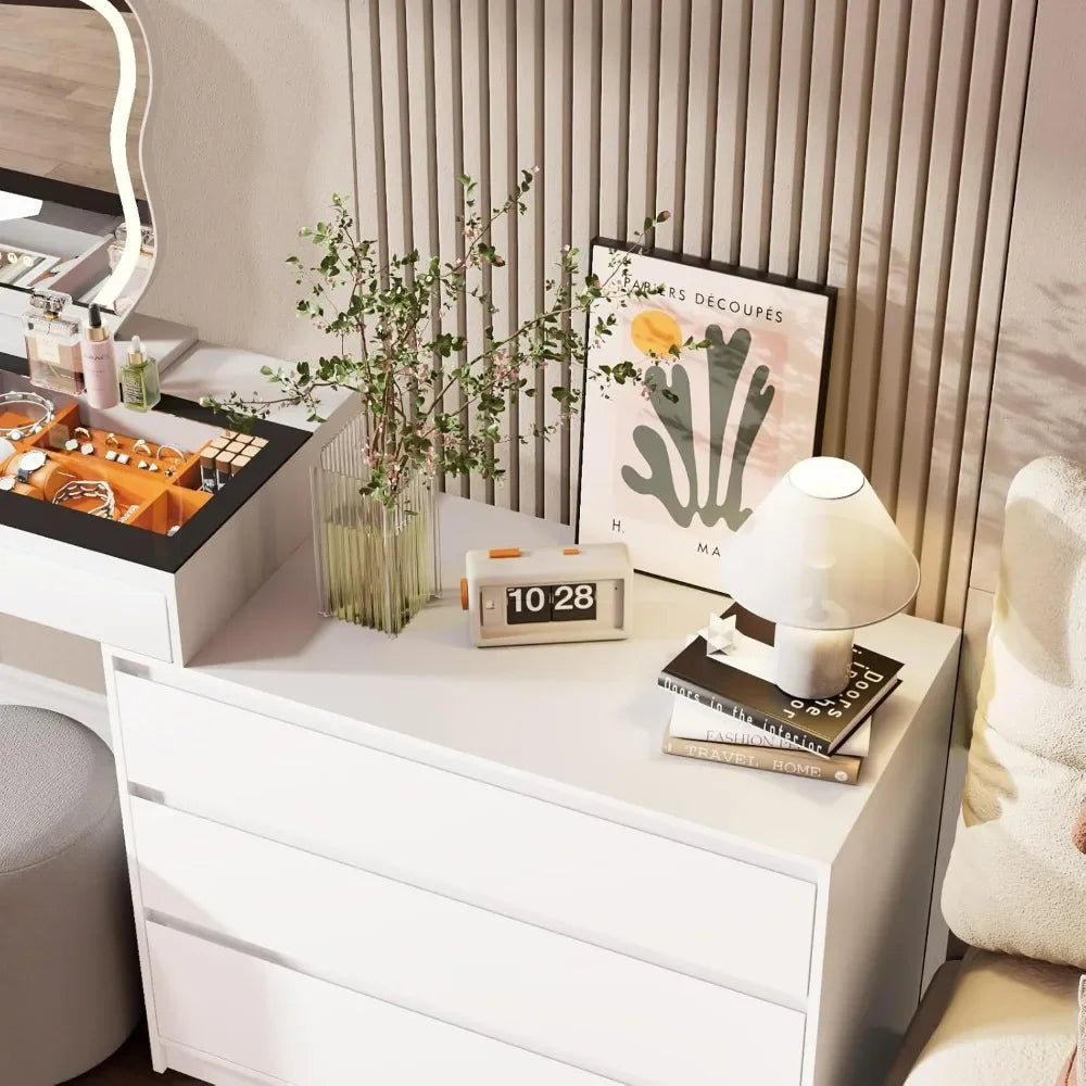 Modern L-Shaped Corner Vanity Desk with Glass Top, Mirror, and Lighting, 58-Inch Large Dressing Table with Two Drawers