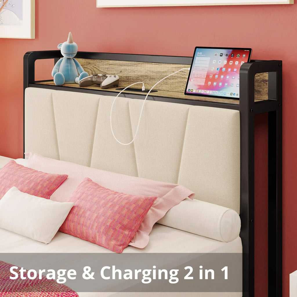 Twin XL/Full/Queen/California King Bed Frames, Storage Headboard with Charging Station, No Box Spring Needed