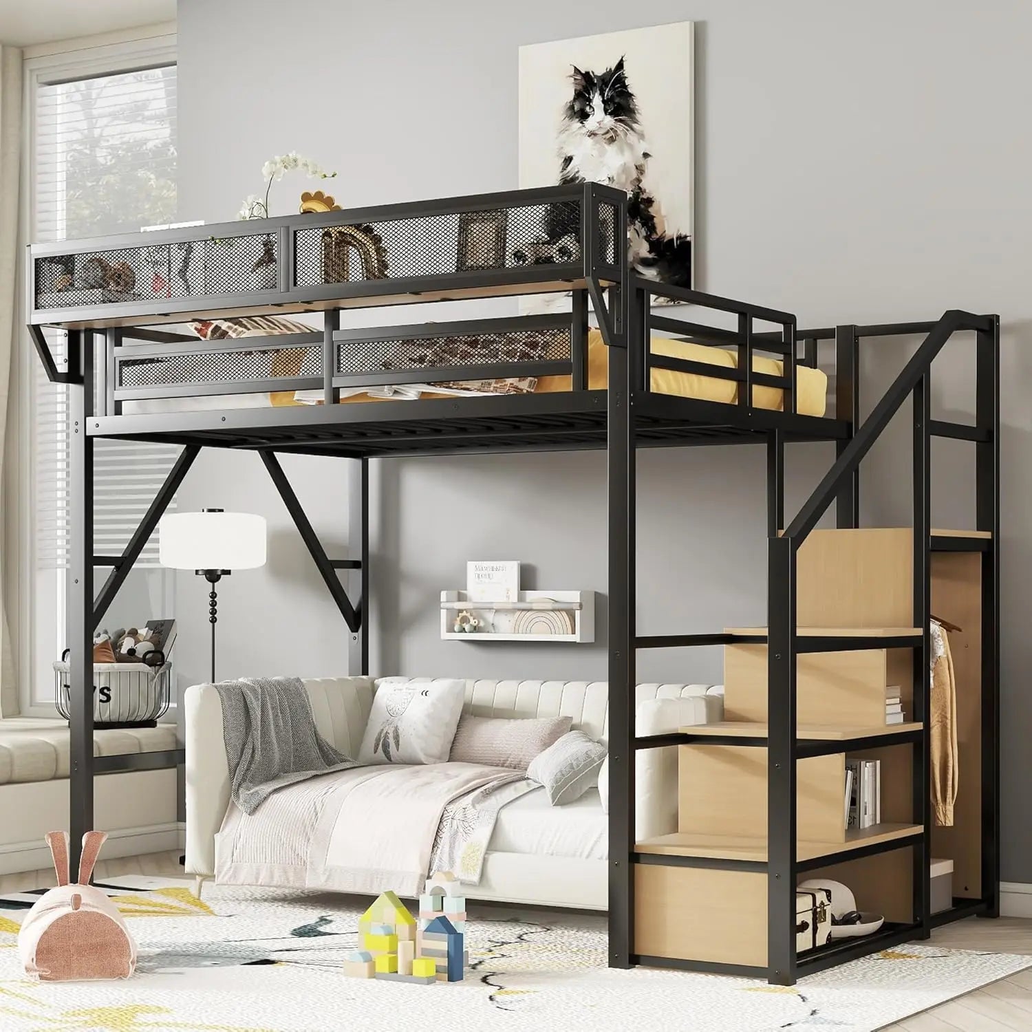 Full Size Metal Loft Bed with Staircase, Built-in Storage Shelves & Wardrobe, Easy Assembly, Black