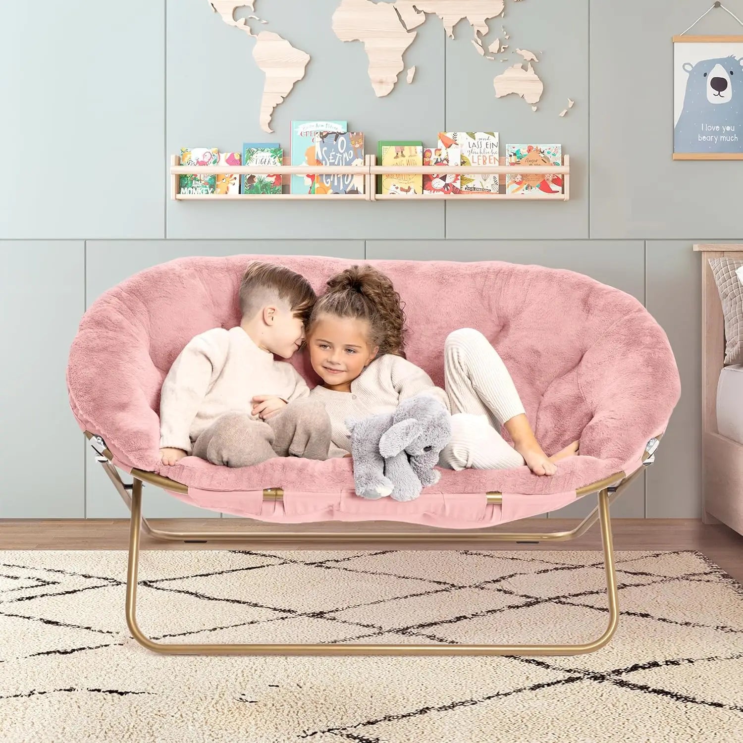 Double Cozy Chair/Faux Fur Saucer Chair for Bedroom/X-Large Loveseat, Pink