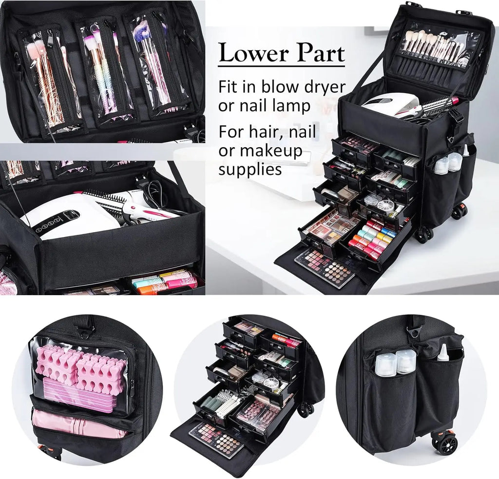 Professional Rolling Makeup Case Soft Sided Cosmetology Organizer Wheeled Nylon Train Case Portable Travel Supply Station