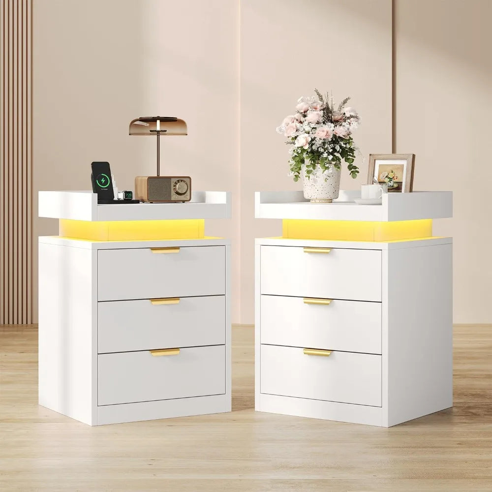 LED End Tables, Set of 2 with Charging Station USB Ports, 3-Drawer Table