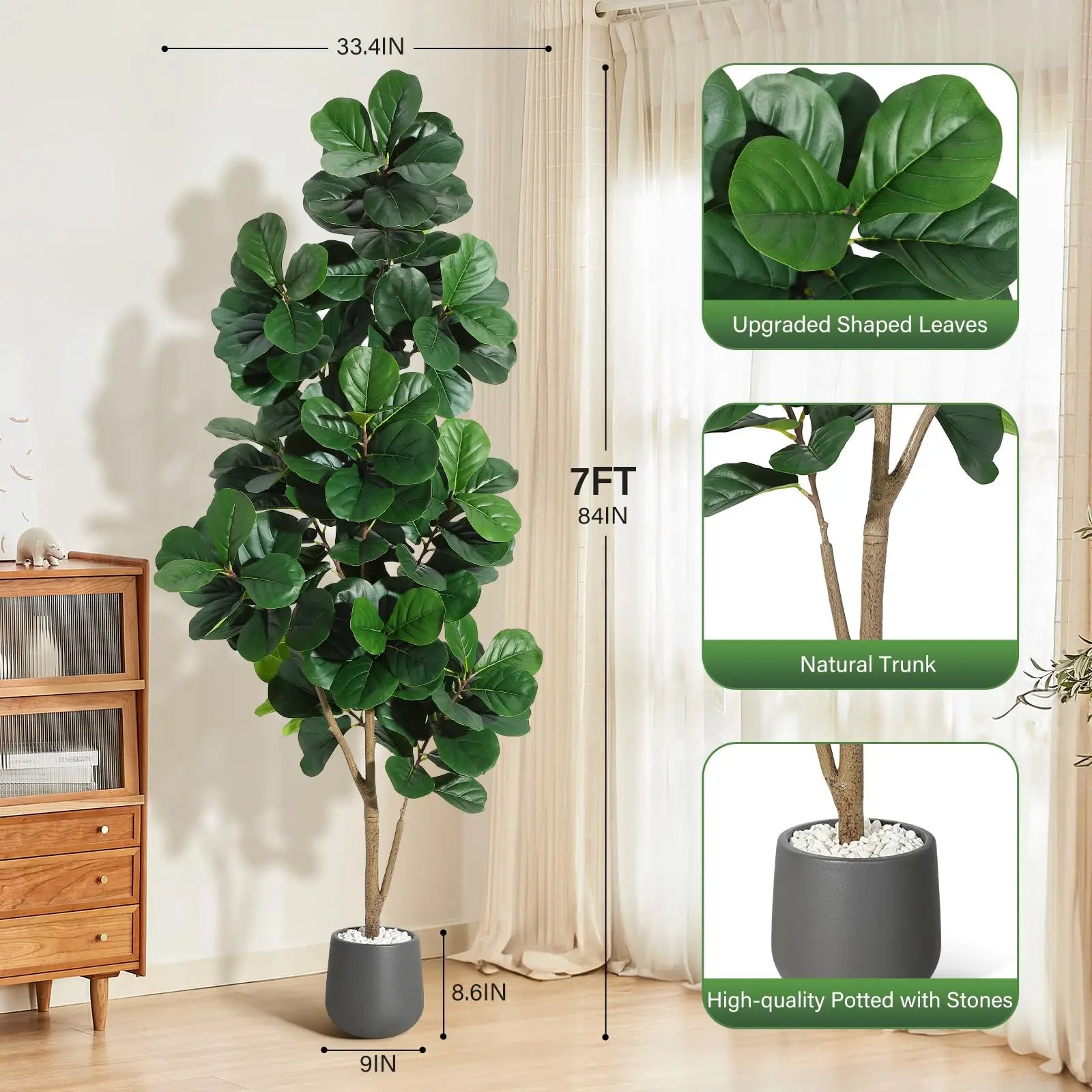 Lifelike Artificial Fiddle Leaf Fig Tree – Realistic Faux Ficus Lyrata with 141 Leaves – Indoor Decorative Plant for Home, Office, Living Room – Easy Care, Housewarming Gift