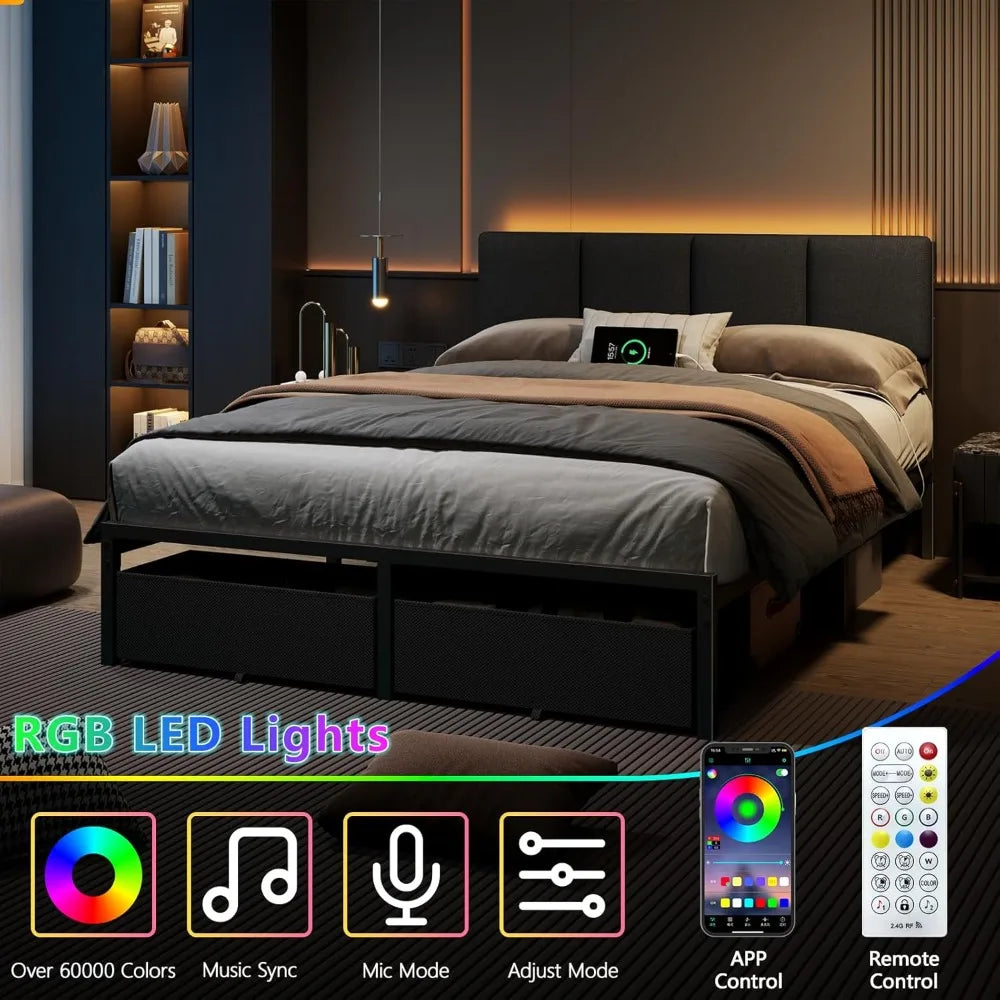 Bed Frame with Headboard, Bed Full with LED Light, USB Charging Station, Platform Bedframe with 2 Fabric Underbed Storage