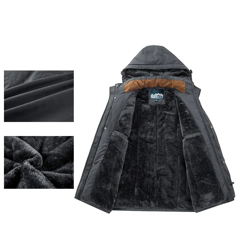 Thick Coat Winter/ Outdoor Running/ Sports/ Windproof/ Warm Fleece Hooded Cargo Jacket/ Men Removable Hood/ Thick, Warm Fleece Jacket