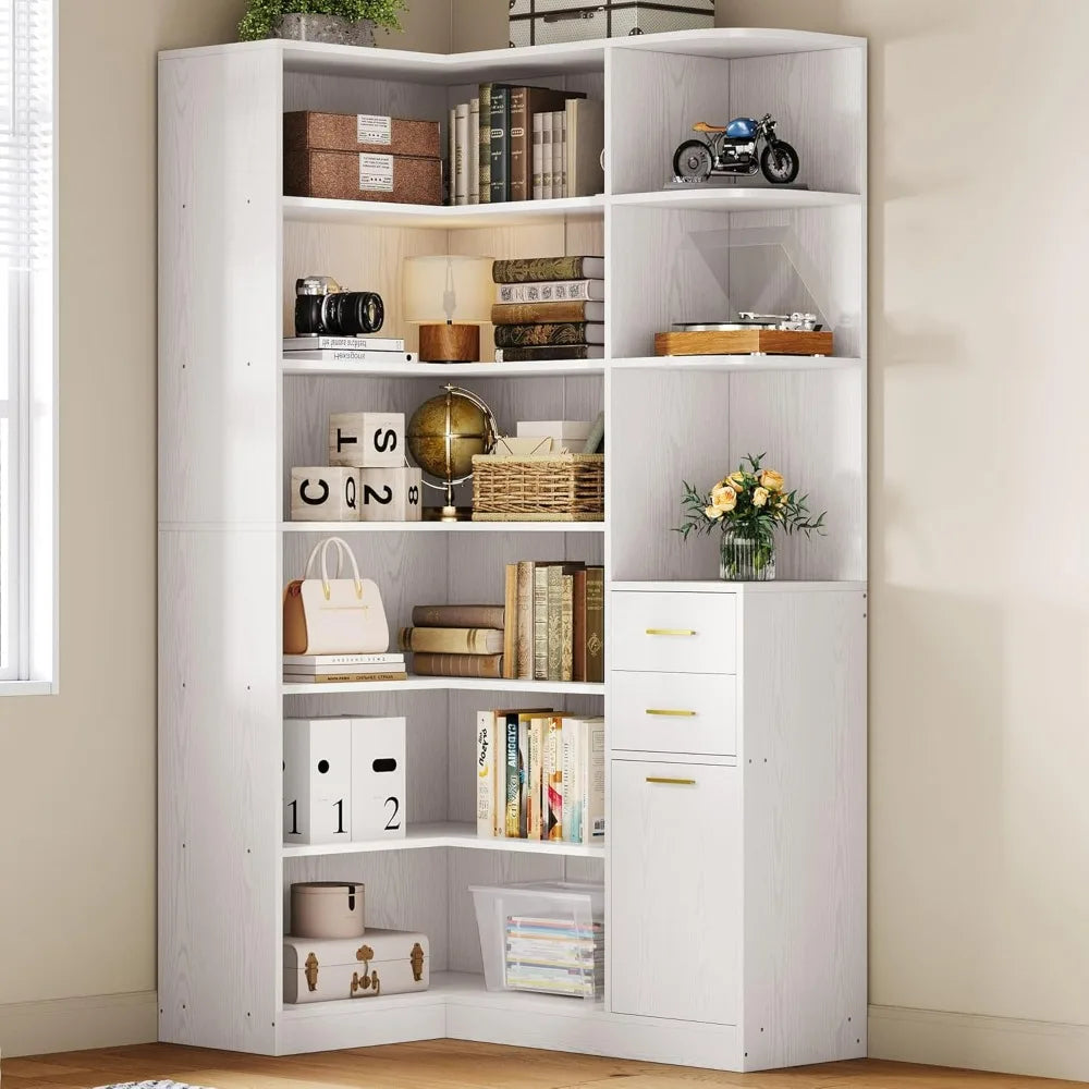 L-Shaped 76-Inch Tall Corner Bookshelf with 6 Tiers, 10 Open Shelves, and 2 Storage Drawers