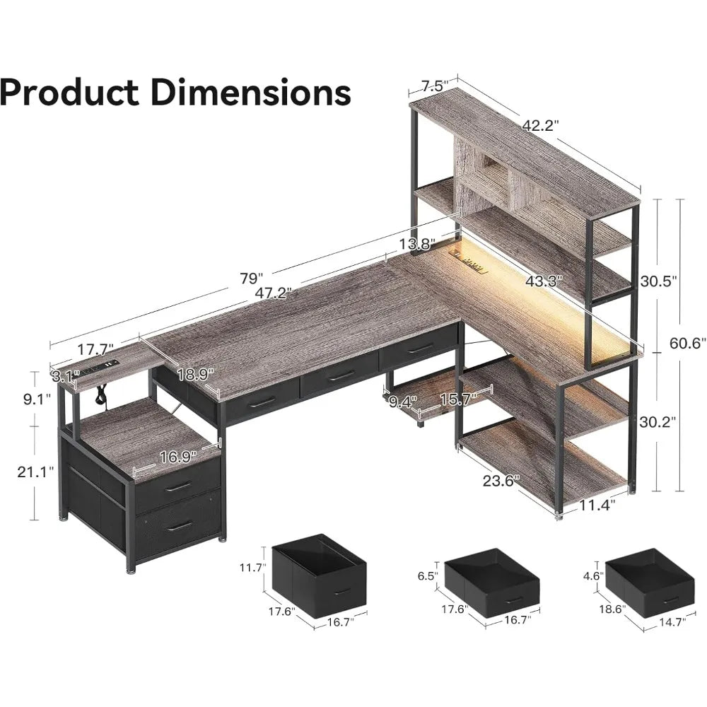 79" L-Shaped Desk with 5 Drawers, Reversible LED-Illuminated Gaming Desk Featuring 2 Power Outlets and Storage
