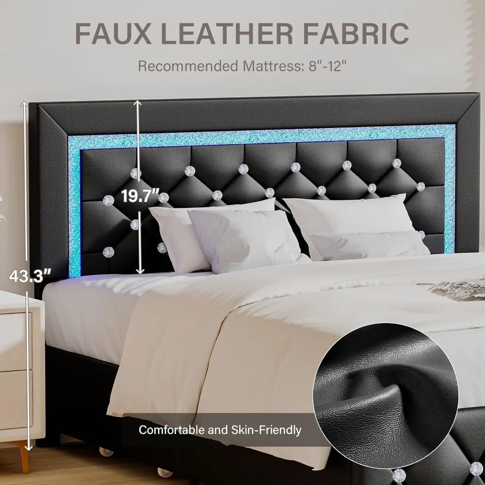Twin Bed Frame with LED Lights and Storage Drawers, Upholstered Bed Frame with Diamond Headboard, Faux Leather Modern Platform