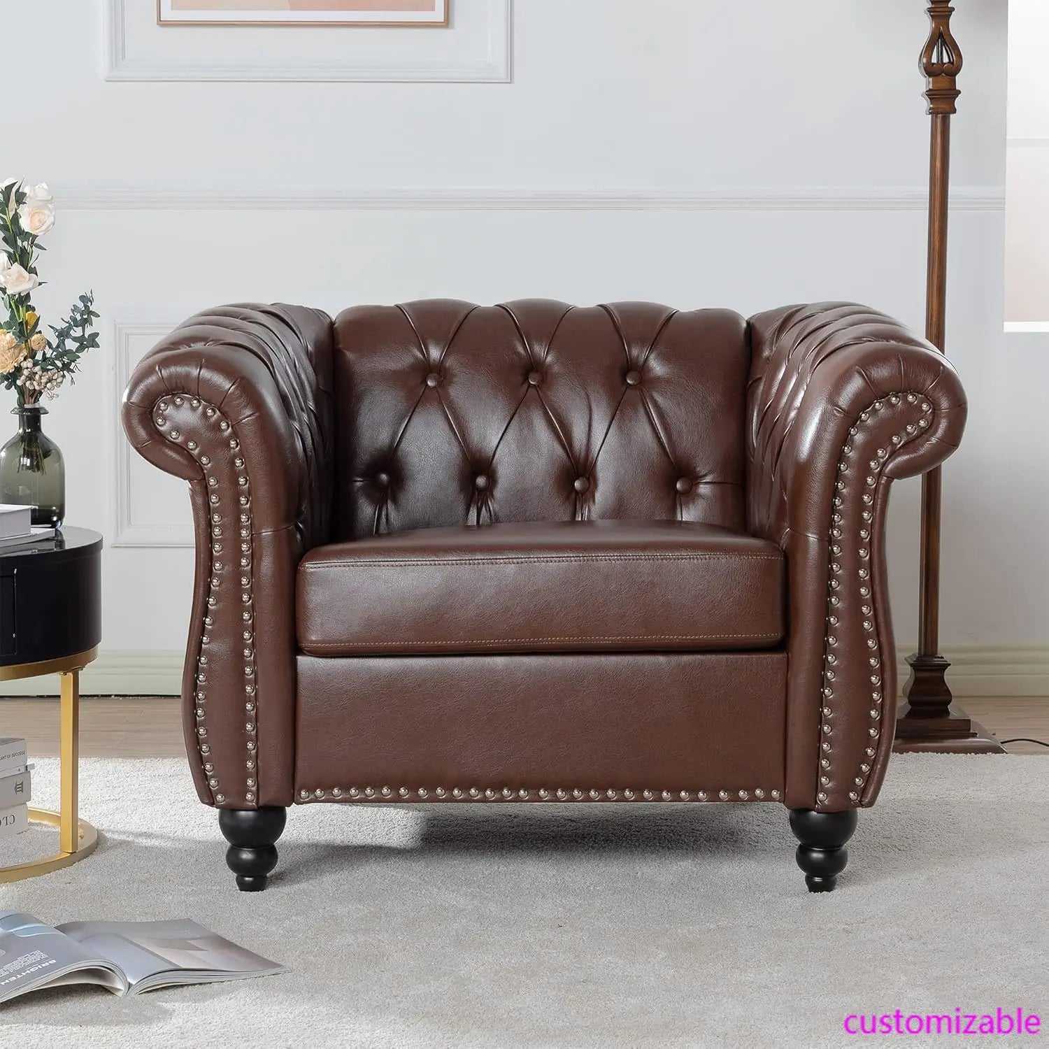 Leather Chesterfield Chair, Mid-Century Modern Single Sofa Chair, Tufted Upholstered Rolled Armchair