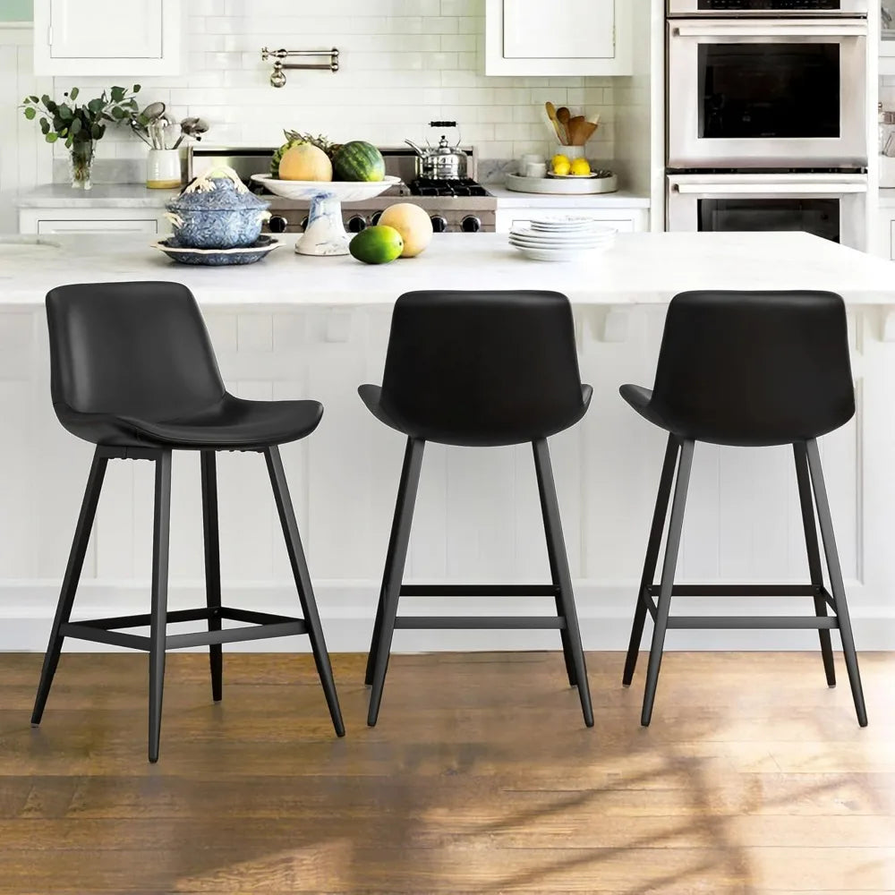 Set of 3 Modern Faux Leather Counter Stools with Backrest and Footrest for Kitchen/Bar