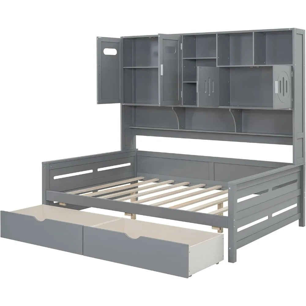 Gray Full Size Wooden Daybed with Storage Drawers, Bookcase Headboard, and All-in-One Cabinet & Shelf