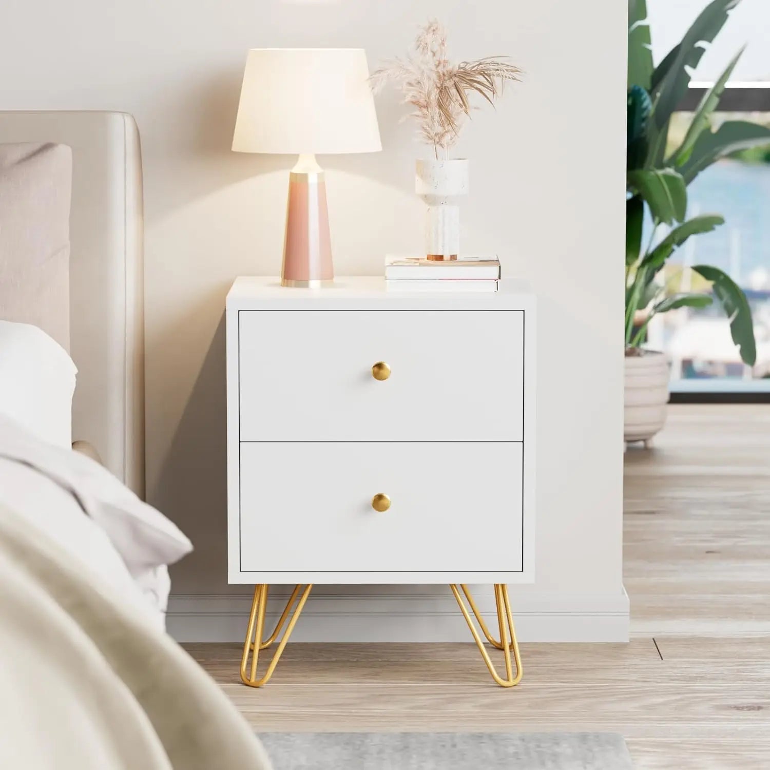 Nightstand Set of 2,, Bedside Table with 2 Drawers, Dual Night Stand Metal Legs and Knobs